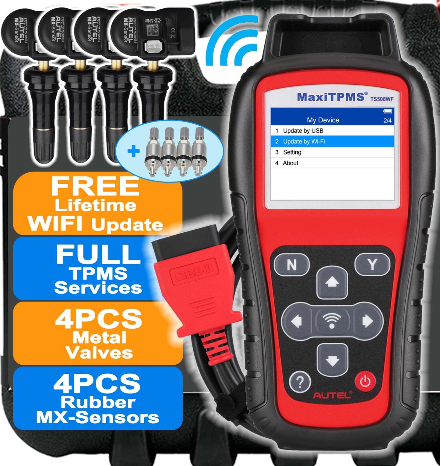 Autel MaxiTPMS TS508WF TPMS Tool Kit with 4 MX-Sensors & Metal Valves