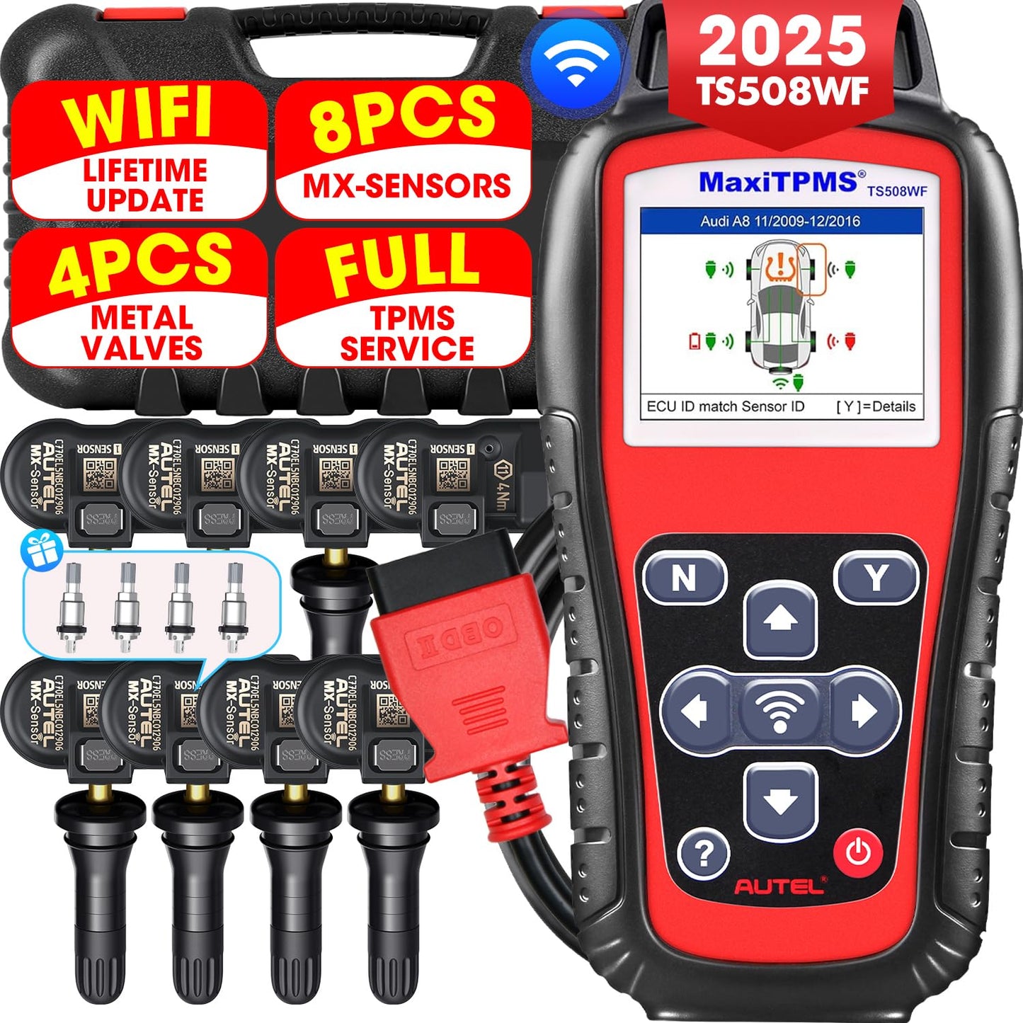 Autel MaxiTPMS TS508WF TPMS Tool with 8 Sensors & 4 Valves – WiFi Version