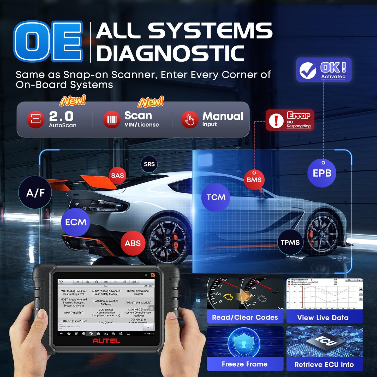 Autel MaxiCOM MK900BT 8” Bidirectional OBD2 Scan Tool 40+ Services