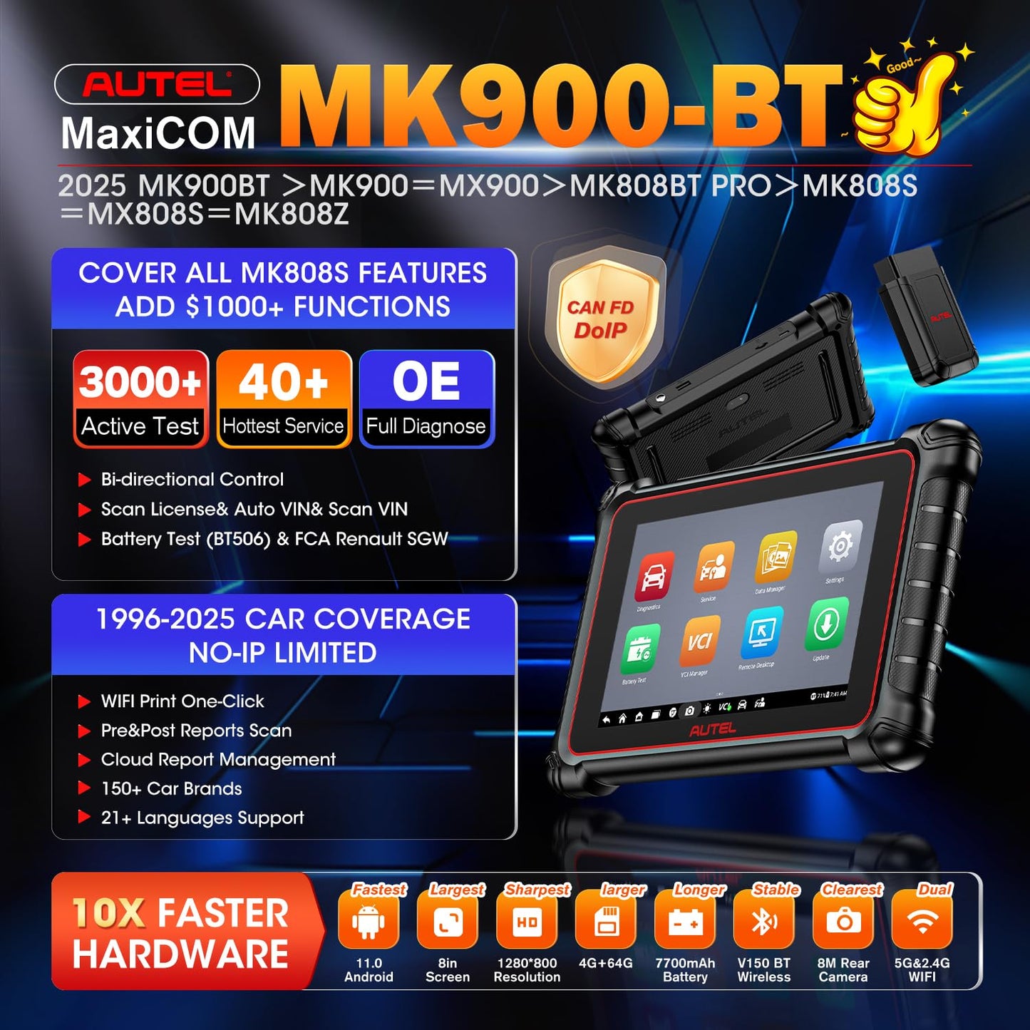Autel MaxiCOM MK900BT Scanner | 2025 Bidirectional Tool with 3000+ Tests & 40+ Services