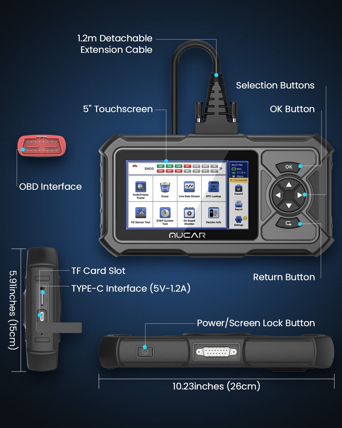 MUCAR CDE900 PRO OBD2 Scanner with Add-on Software & 5" Touchscreen