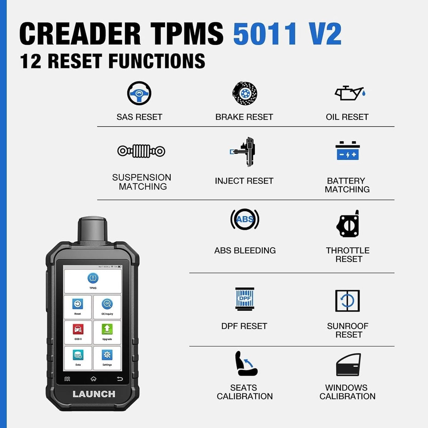 Launch X431 Creader 5011 V2 TPMS Tool - Tire Sensor Reset & OBD2 Scanner