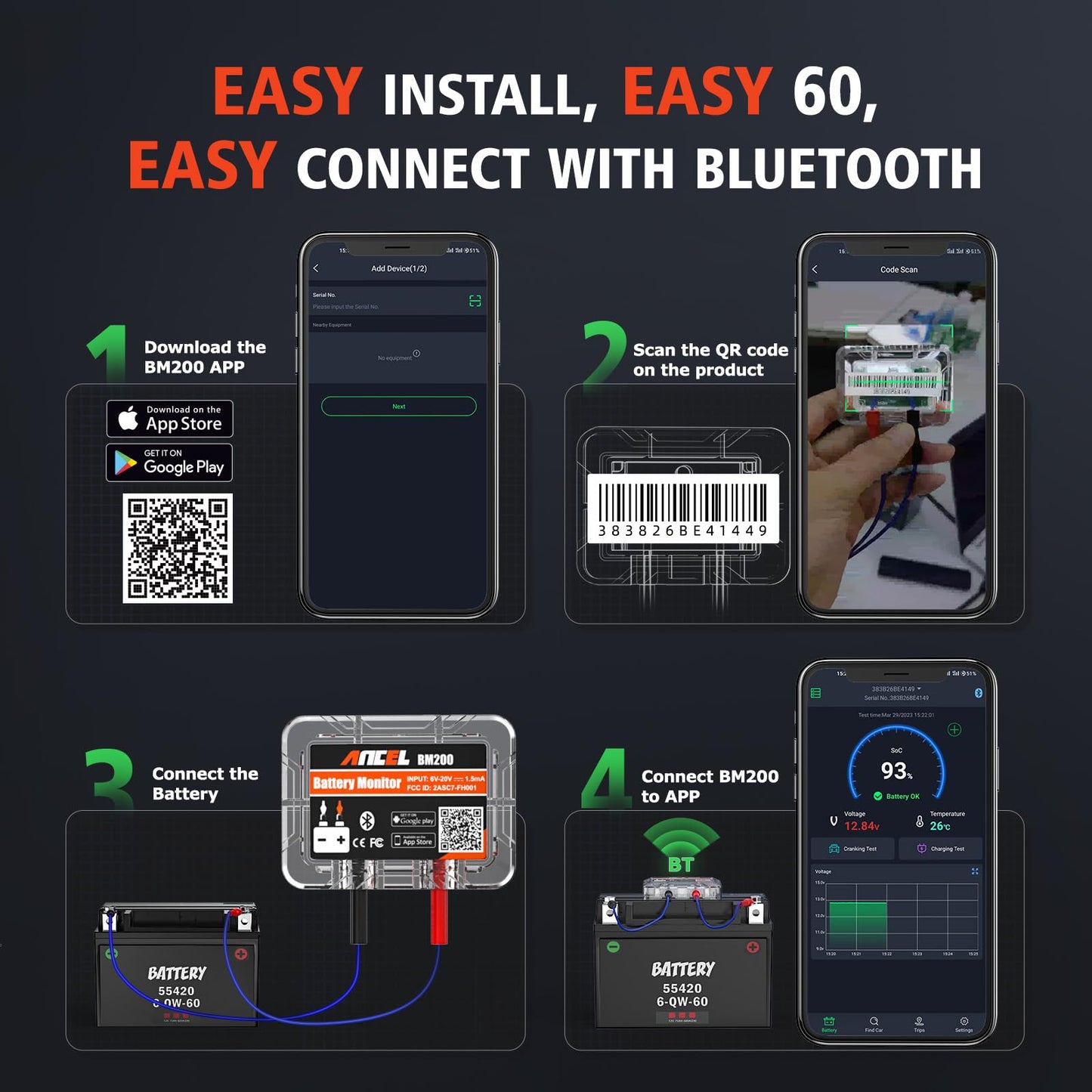 ANCEL BM200 12V Bluetooth Car Battery Tester with Cranking & Charging Test