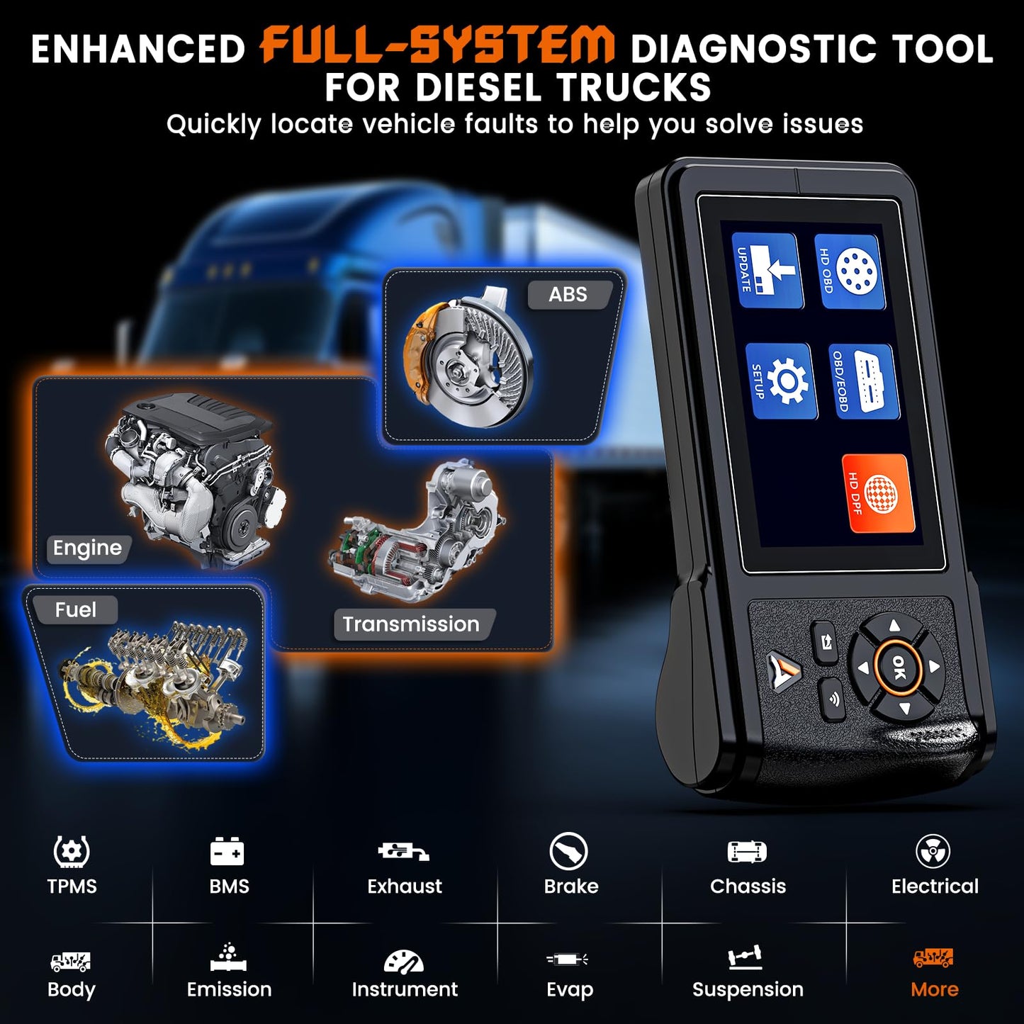 ANCEL HD430 Heavy Duty Truck Scanner with DPF Reset for Cummins & Caterpillar