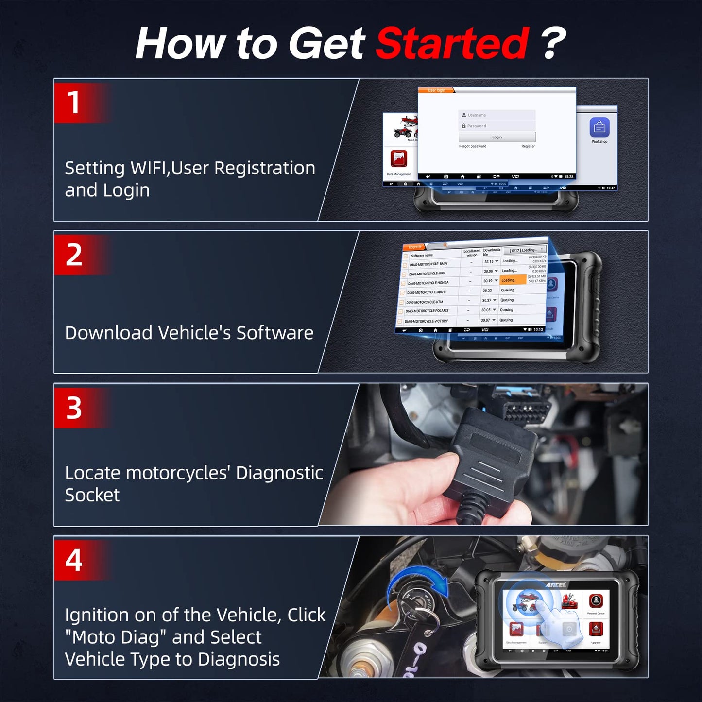 ANCEL MT700 Motorcycle OBD2 Scanner with 35+ Reset Functions & Full System Diagnostics