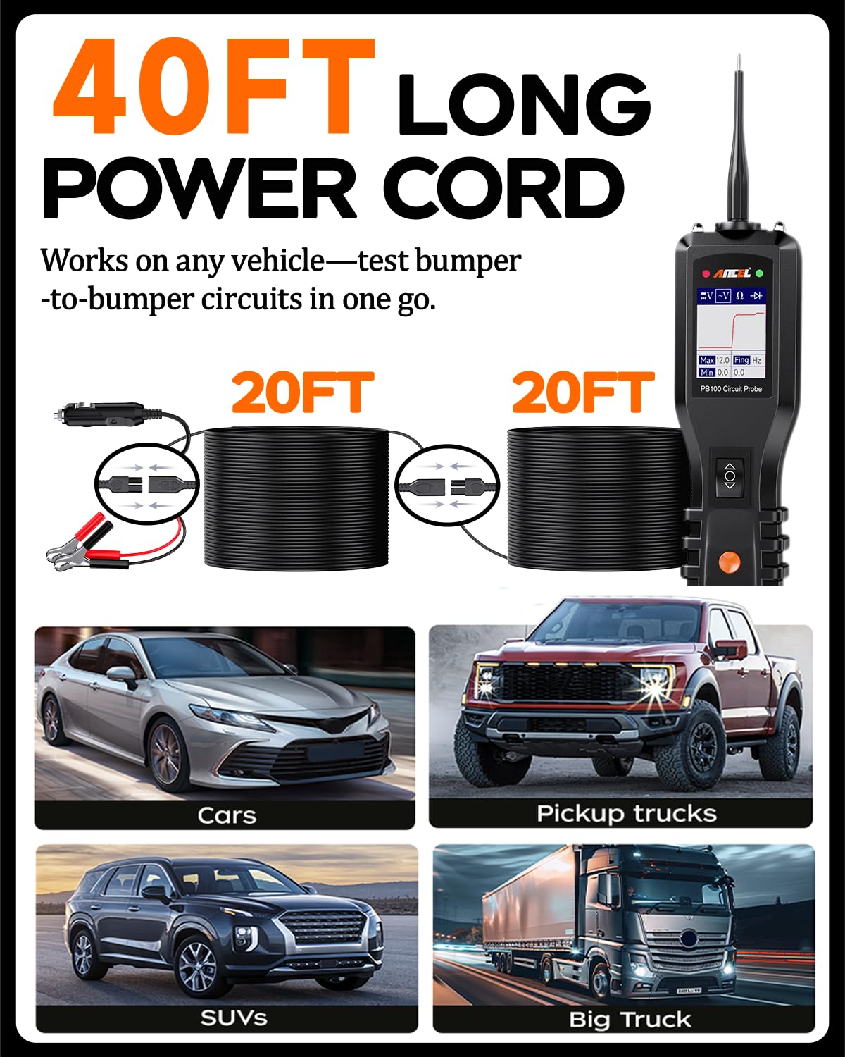 Ancel PB100 Automotive Power Circuit Tester - 12/24V Electrical Diagnostic Tool