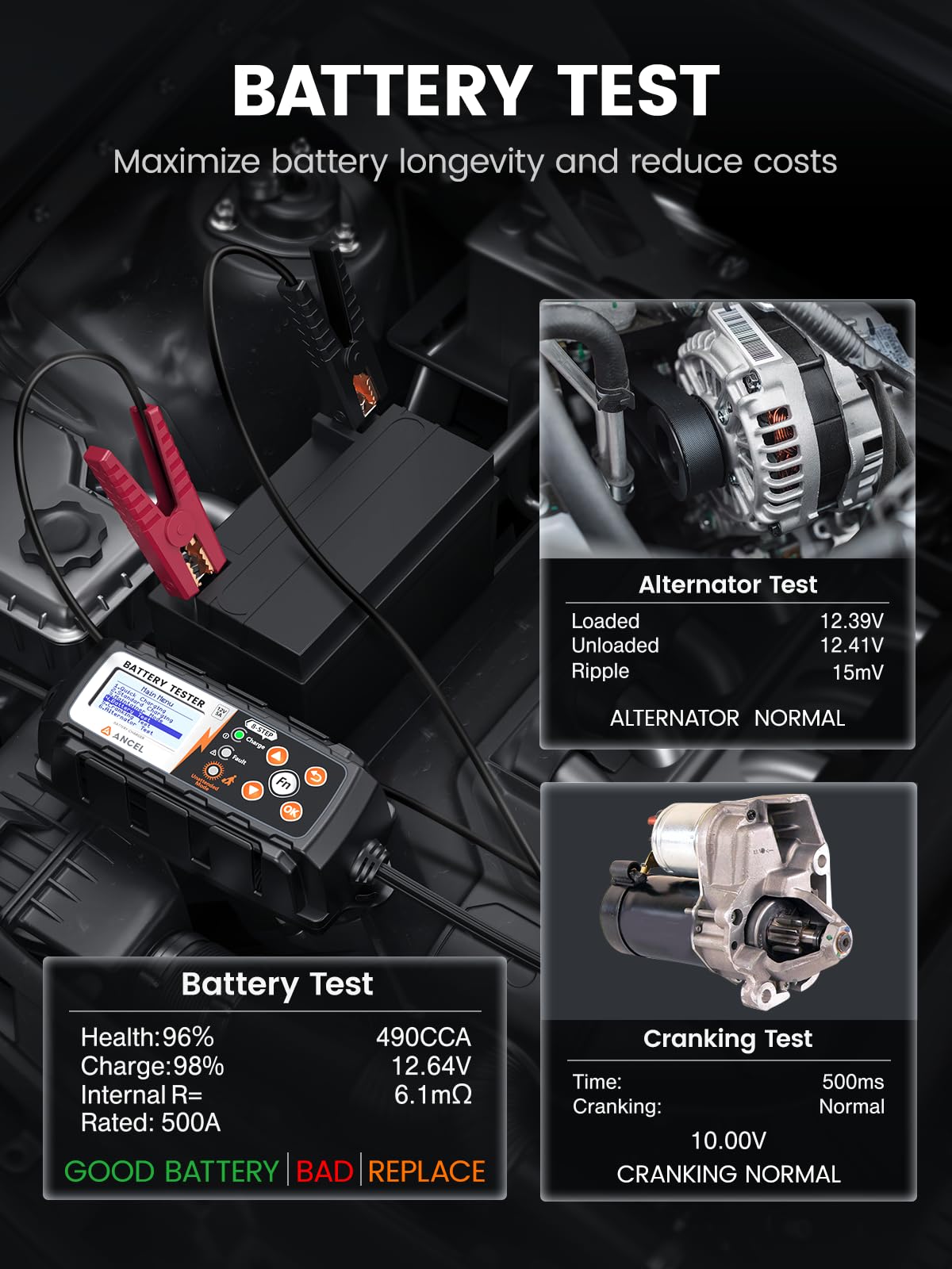 ANCEL BT521 3-in-1 12V Battery Charger, Tester & Maintainer