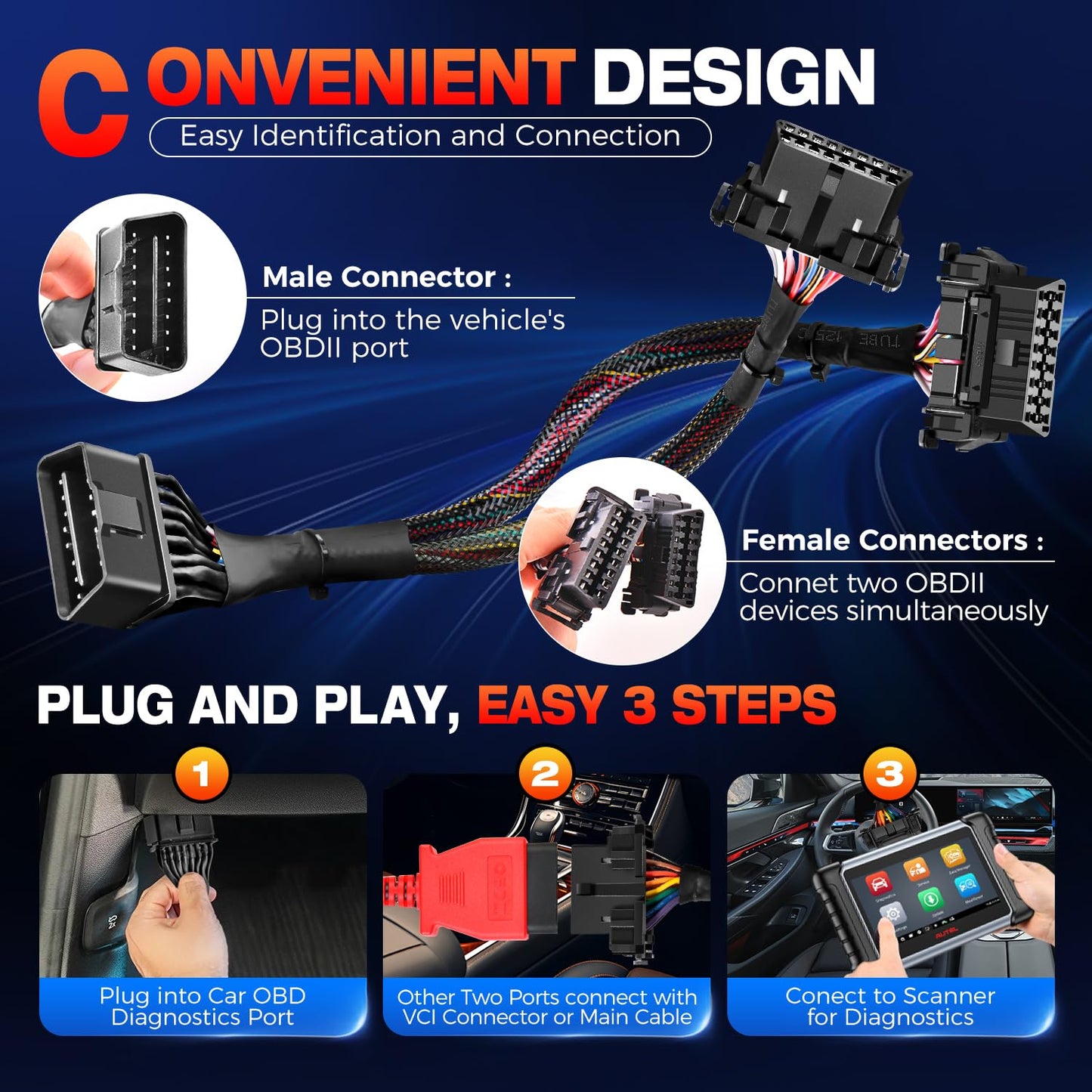 Autel 16 Pin OBD2 Y Splitter Extension Cable - Dual Port Adapter