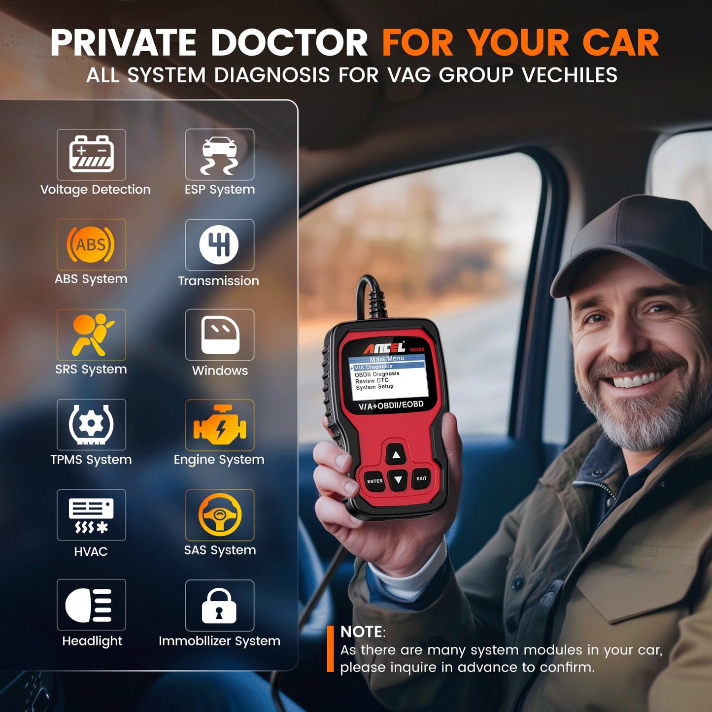Ancel VD500 OBD2 Scanner for VW Audi Skoda Seat | EPB ABS SRS Reset