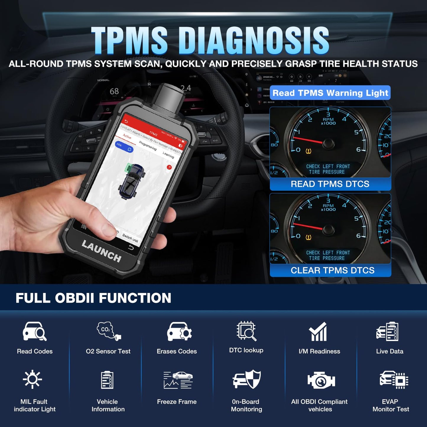 Launch X431 Creader 5011 V2 TPMS Tool - Tire Sensor Reset & OBD2 Scanner