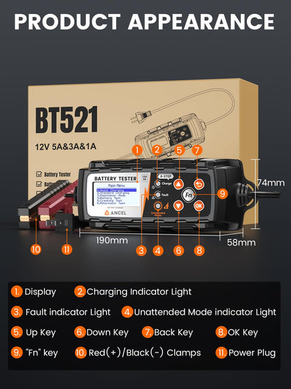 ANCEL BT521 3-in-1 12V Battery Charger, Tester & Maintainer