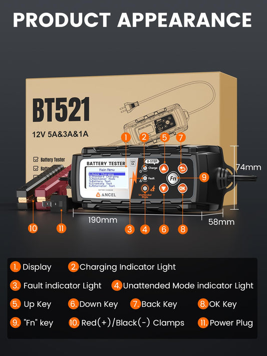 ANCEL BT521 3-in-1 12V Battery Charger, Tester & Maintainer