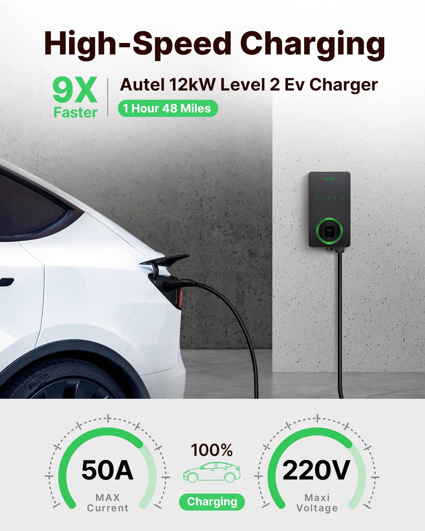 Autel 50A Level 2 EV Charger – NACS Tesla-Ready, 240V Smart Home Station