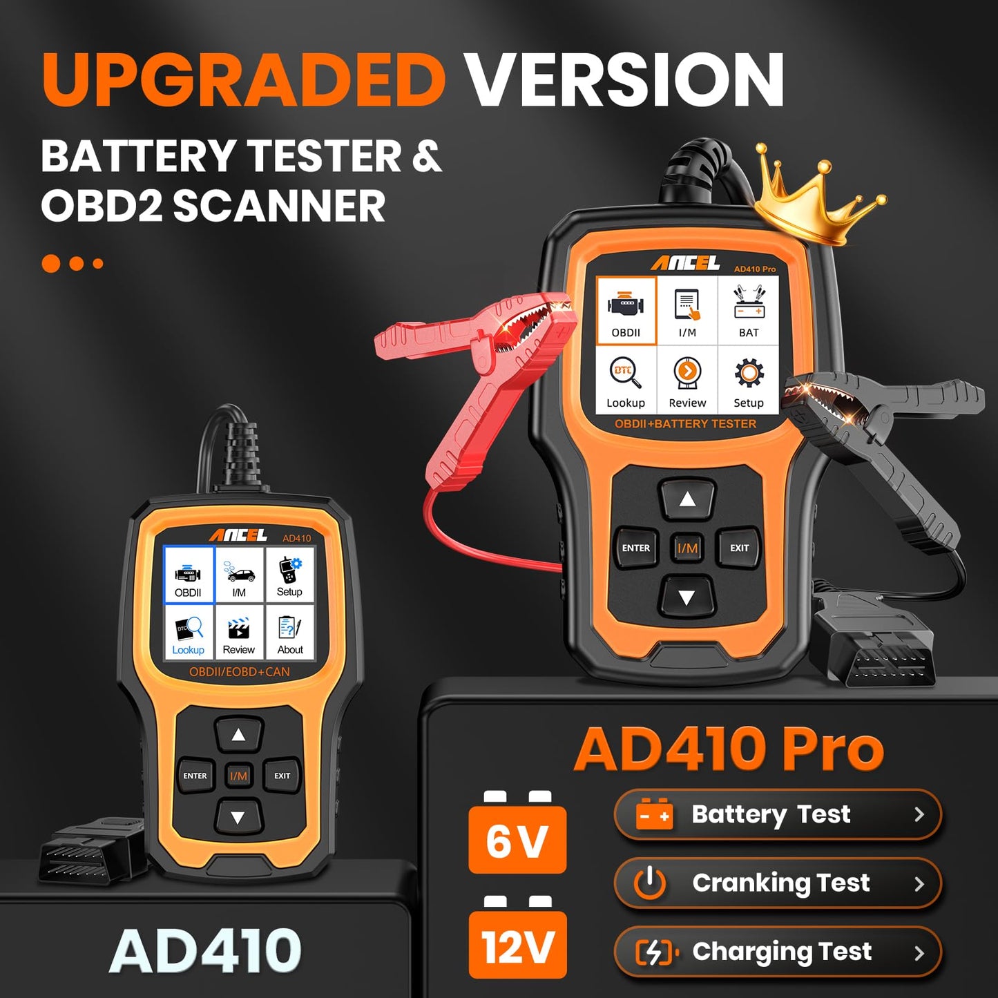 ANCEL AD410 PRO 2-in-1 OBD2 Scanner & 6V/12V Battery Tester for Cars & Motorcycles