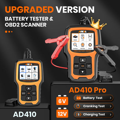 ANCEL AD410 PRO 2-in-1 OBD2 Scanner & 6V/12V Battery Tester for Cars & Motorcycles