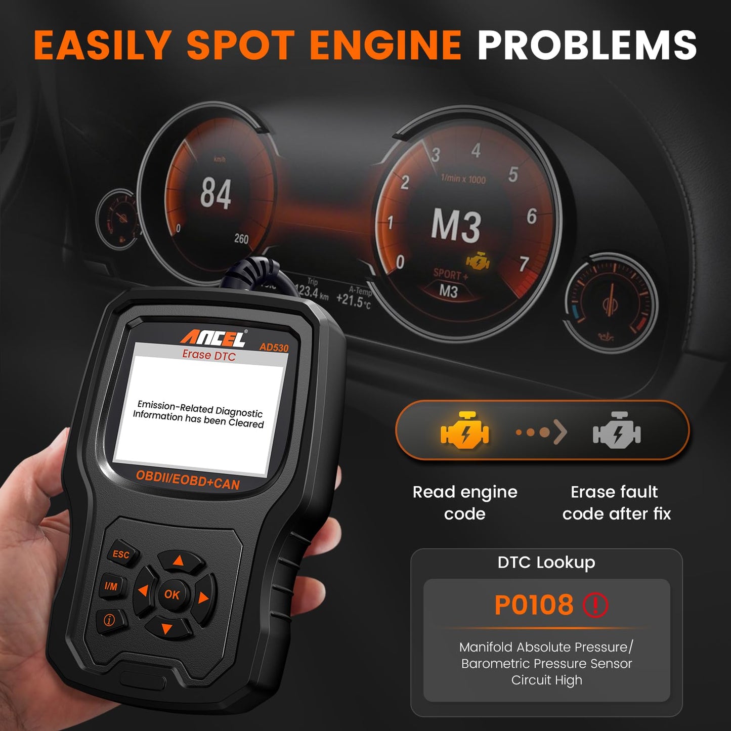 ANCEL AD530 OBD2 Scanner with Battery Tester & Live Data