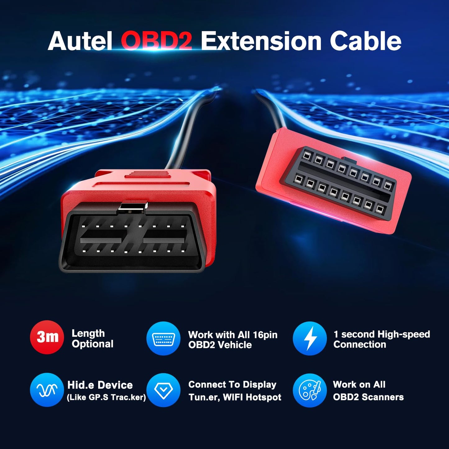 Autel 10ft OBD2 Extension Cable – 16 Pin OBD II Diagnostic Extender