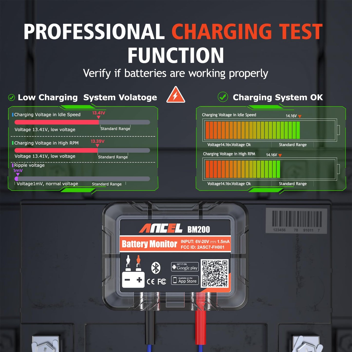 ANCEL BM200 12V Bluetooth Car Battery Tester with Cranking & Charging Test