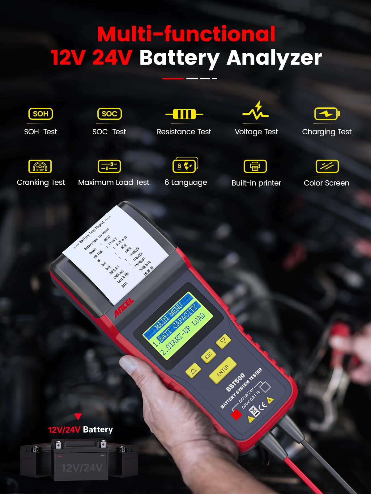 ANCEL BST500 12V/24V Car Battery Tester with Printer & Analyzer