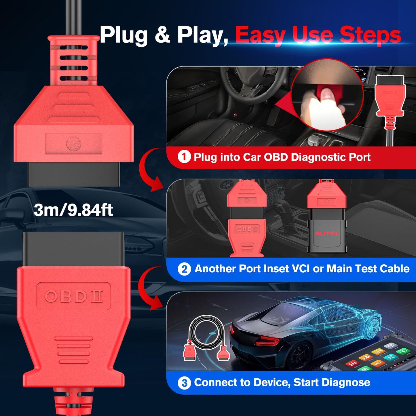 Autel 10ft OBD2 Extension Cable – 16 Pin OBD II Diagnostic Extender