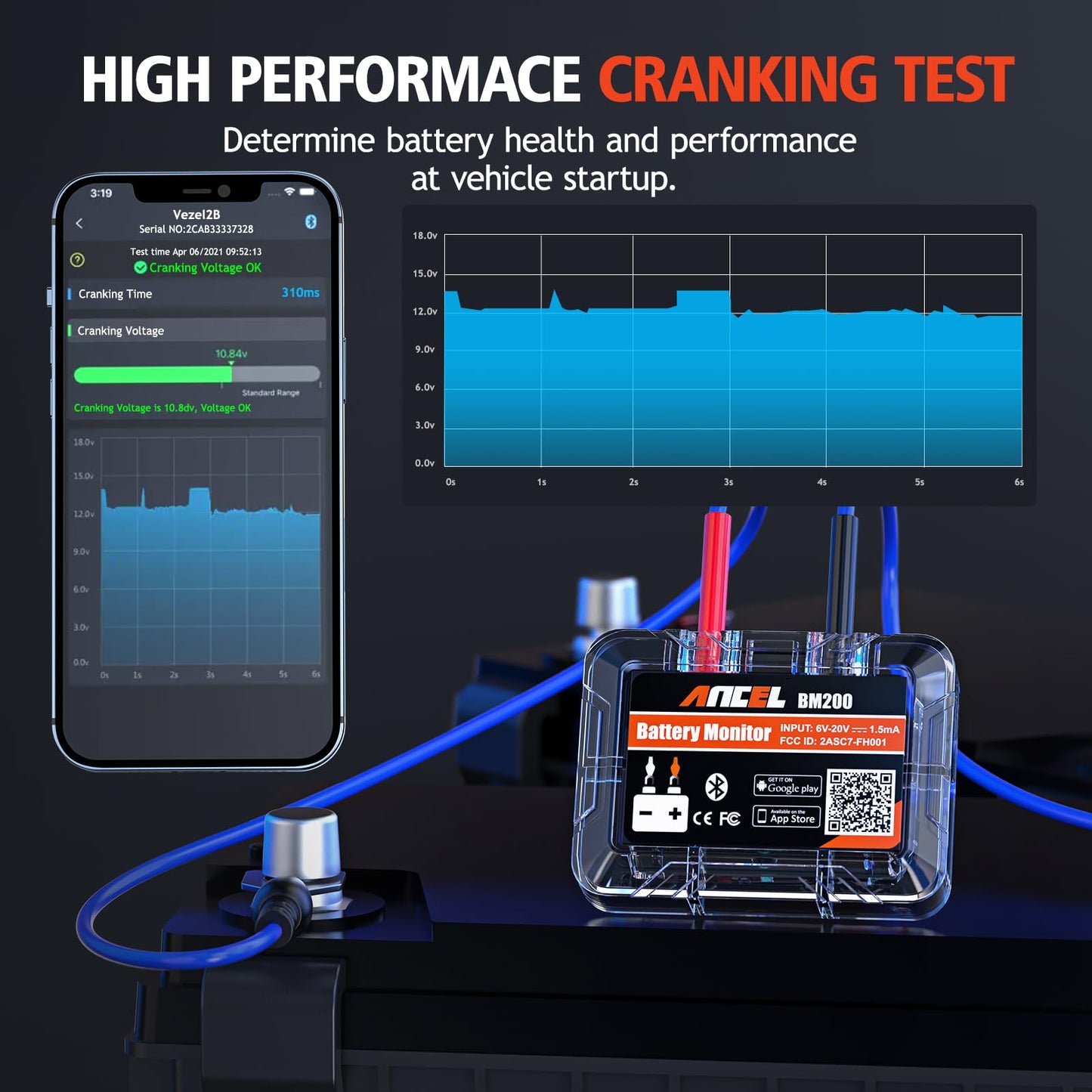 ANCEL BM200 12V Bluetooth Car Battery Tester with Cranking & Charging Test