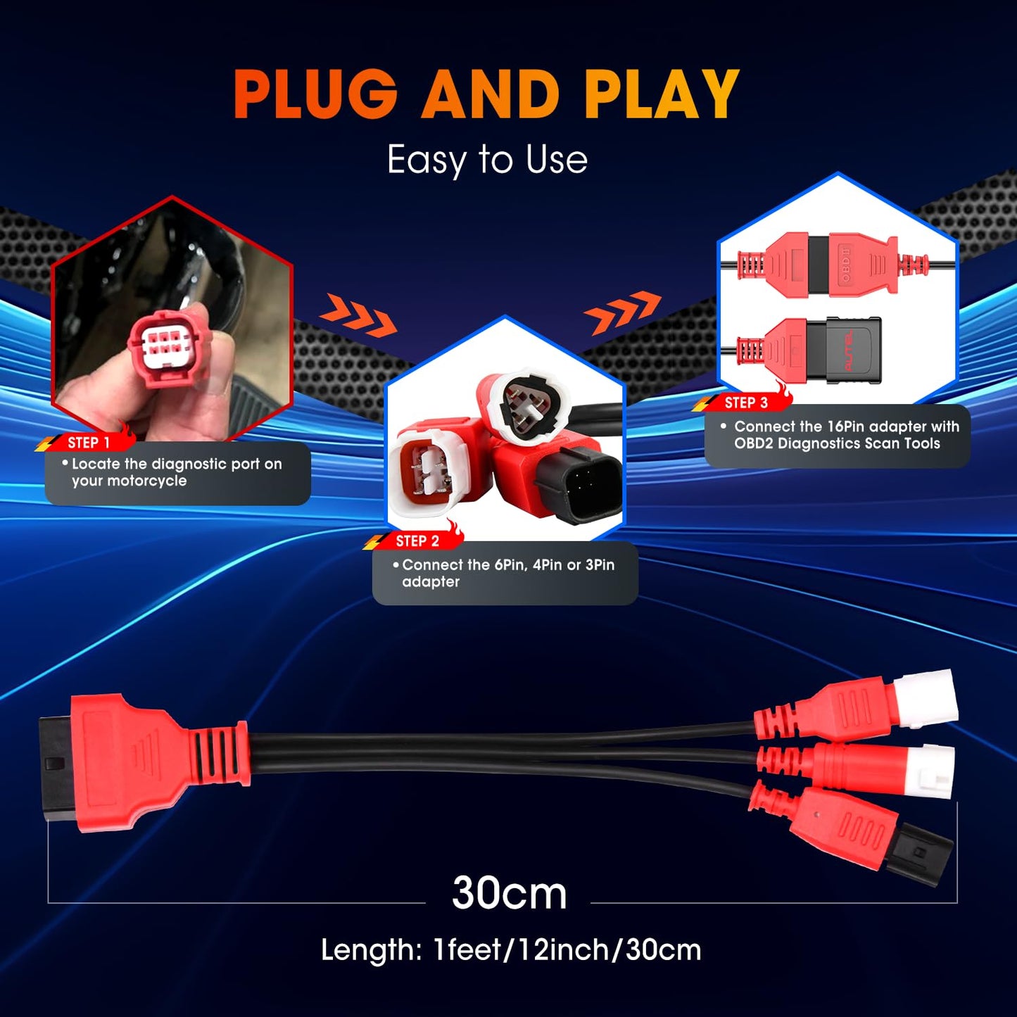 Autel 3-in-1 OBD2 to OBD1 Motorcycle Adapter Cable
