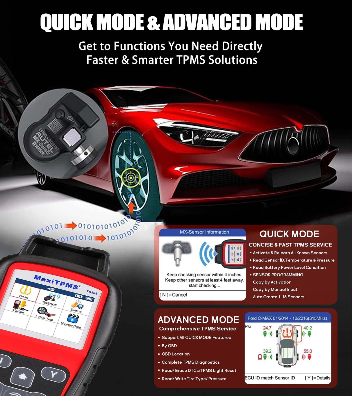 Autel MaxiTPMS TS508WF Kit with 4 MX Sensors & Metal Valves
