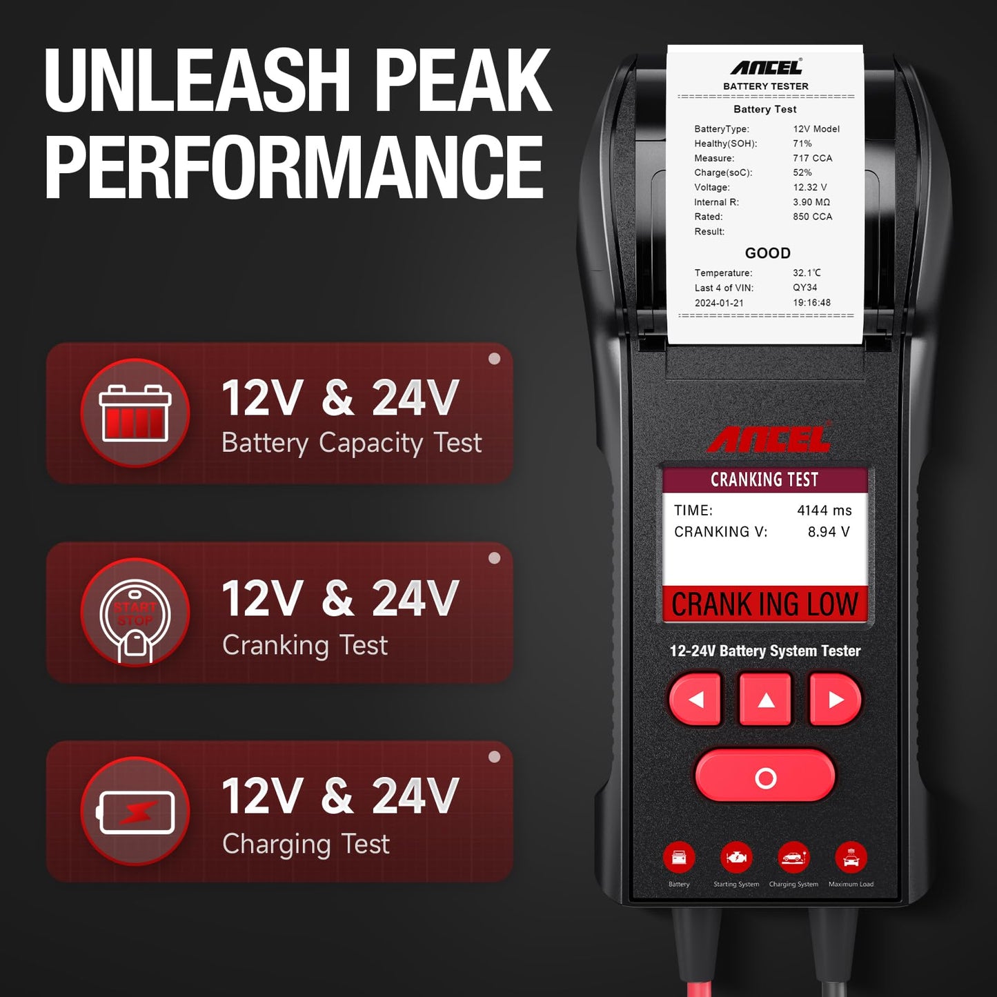 ANCEL BST600 Battery Tester with Printer - 12V/24V for Cars & Trucks
