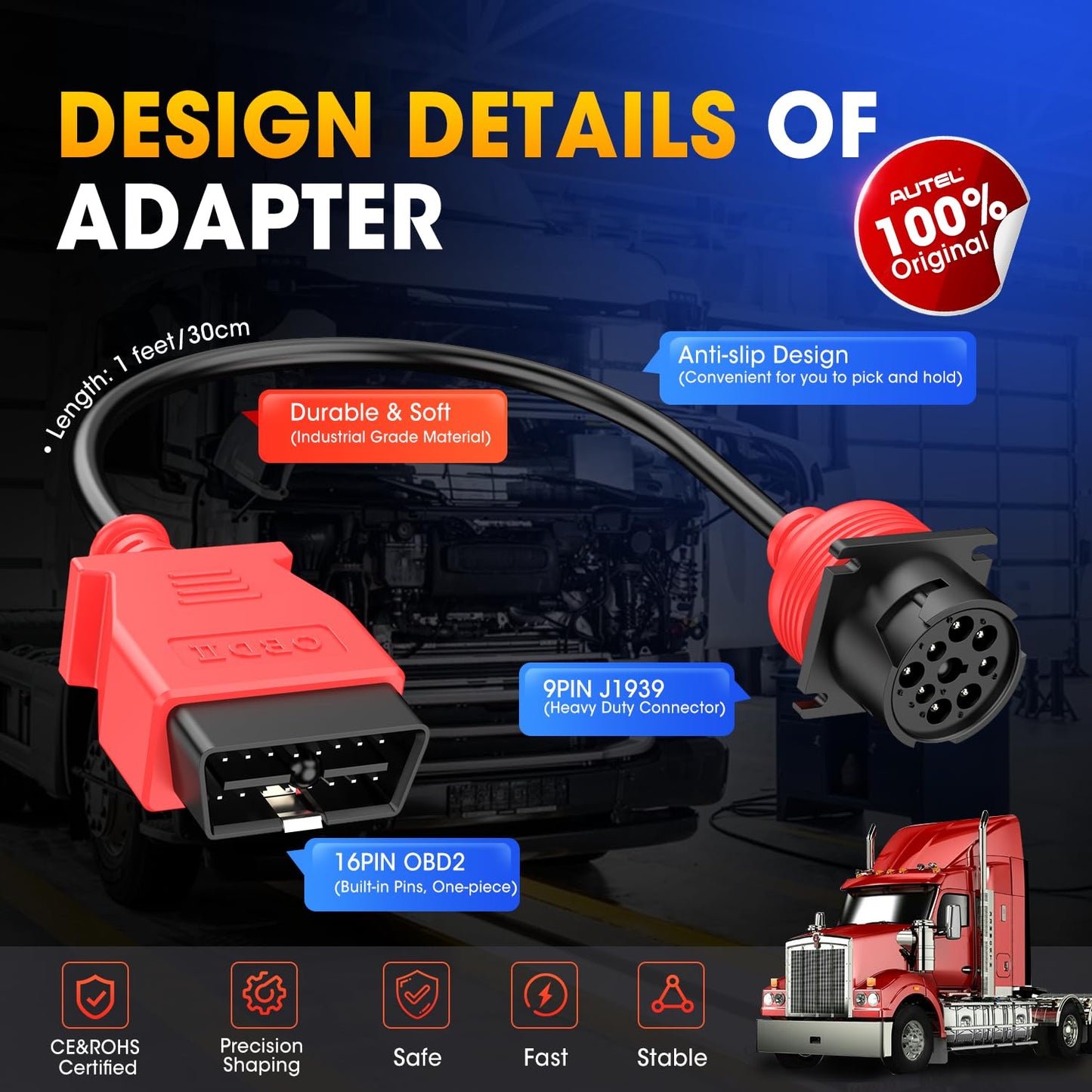 Autel 9Pin J1939 to OBD2 16Pin Adapter Cable for Heavy Duty Trucks