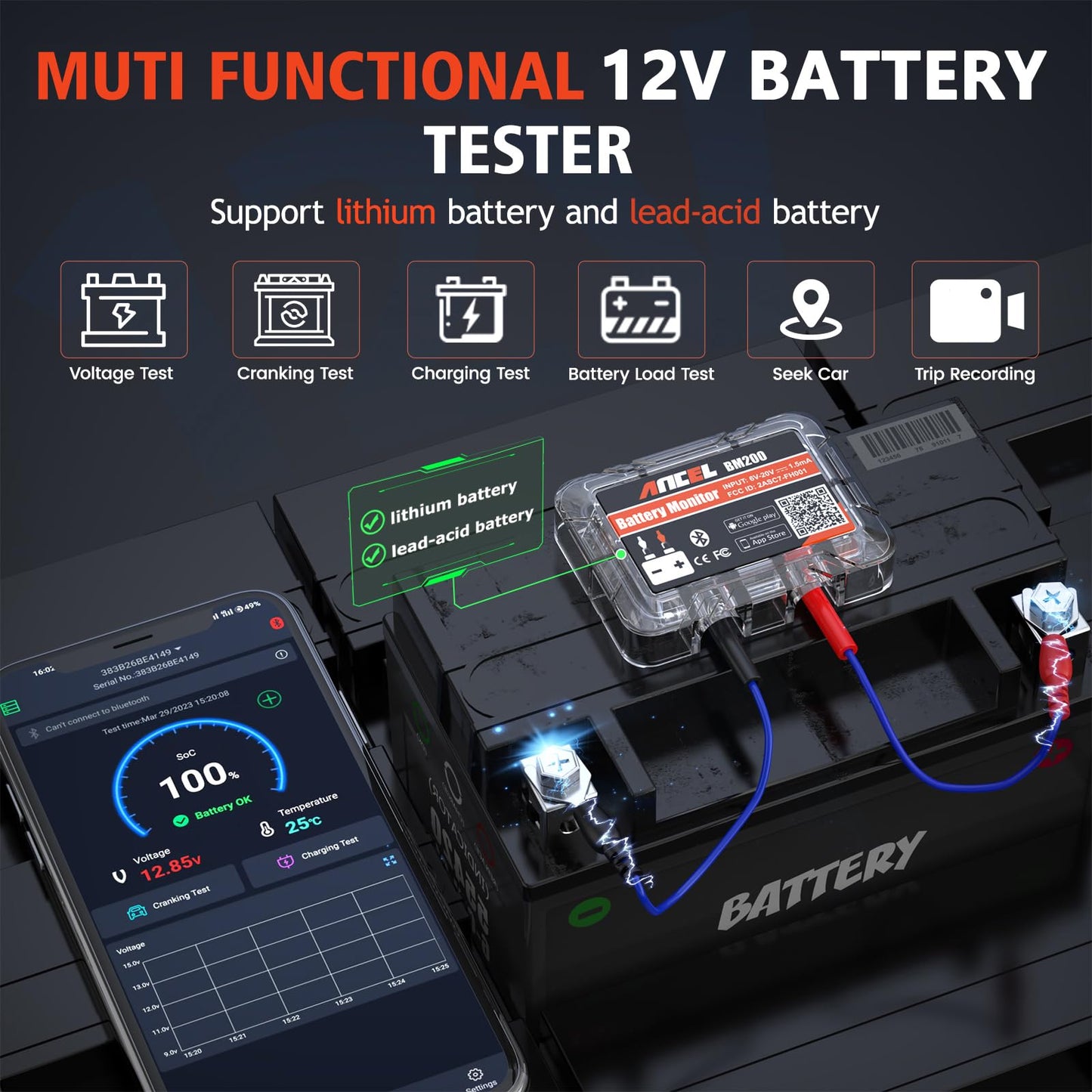 ANCEL BM200 12V Bluetooth Car Battery Tester with Cranking & Charging Test