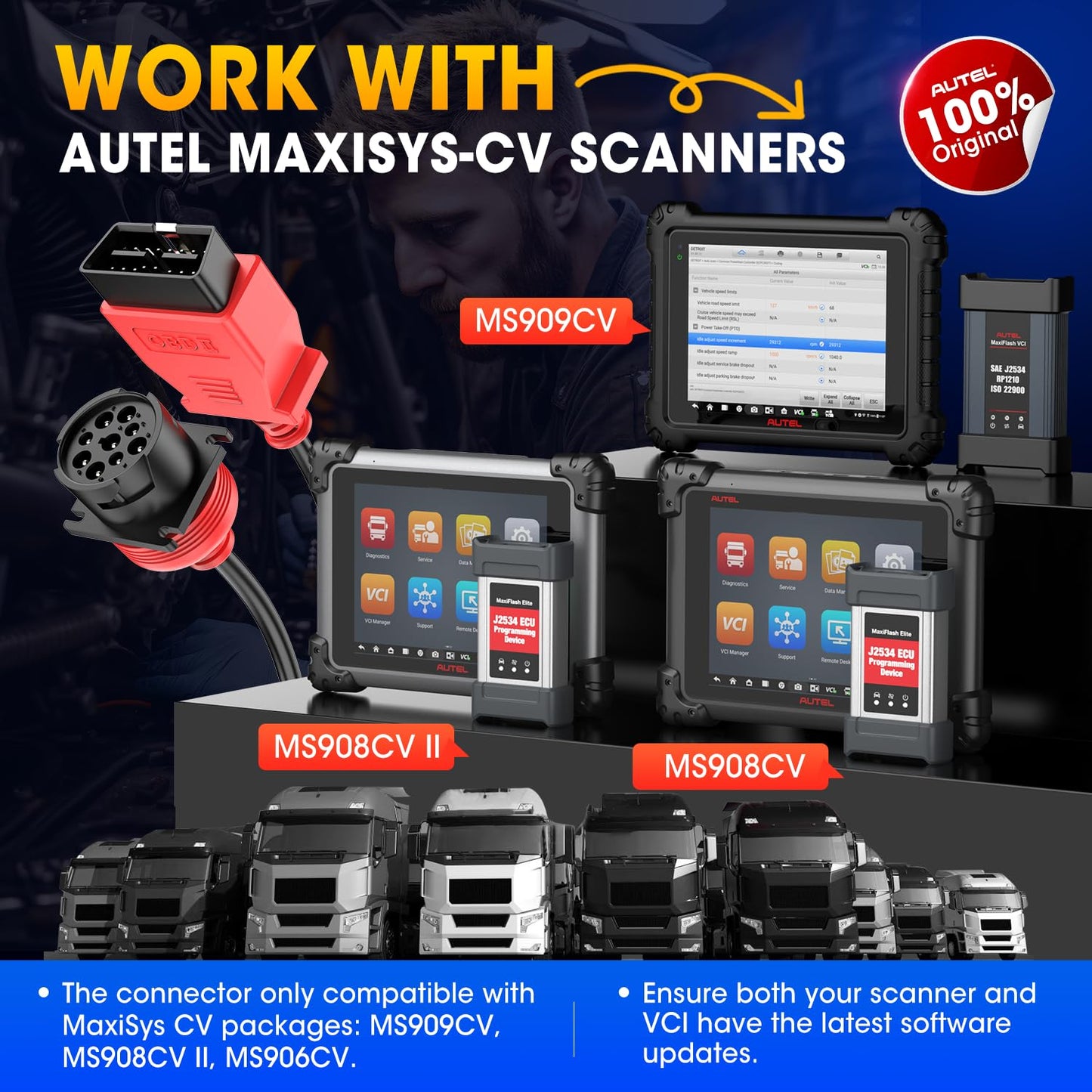 Autel 9Pin J1939 to OBD2 16Pin Adapter Cable for Heavy Duty Trucks