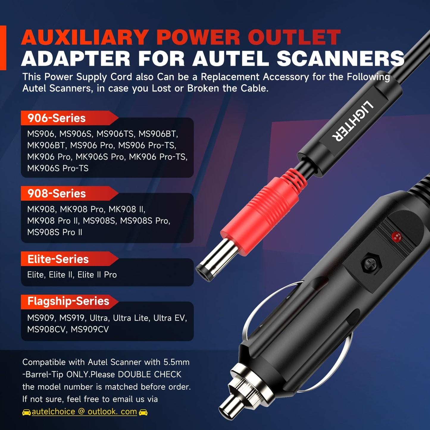 Autel 12V DC Car Charger Cable 5.5x2.5mm for Scanner & Devices
