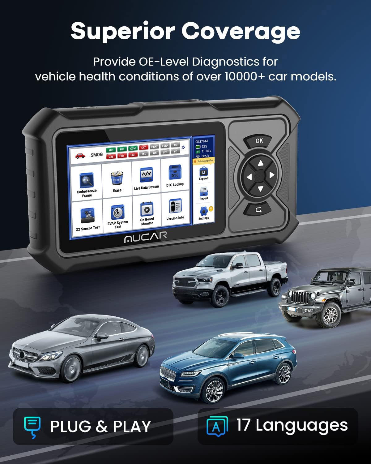 MUCAR CDE900 PRO OBD2 Scanner with Add-on Software & 5" Touchscreen