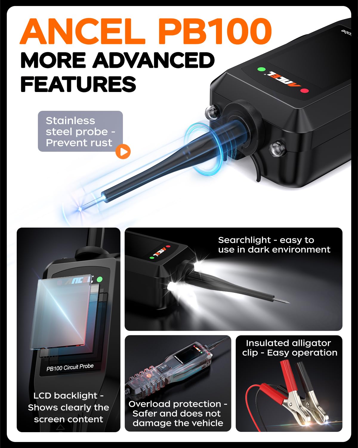 Ancel PB100 Automotive Power Circuit Tester - 12/24V Electrical Diagnostic Tool