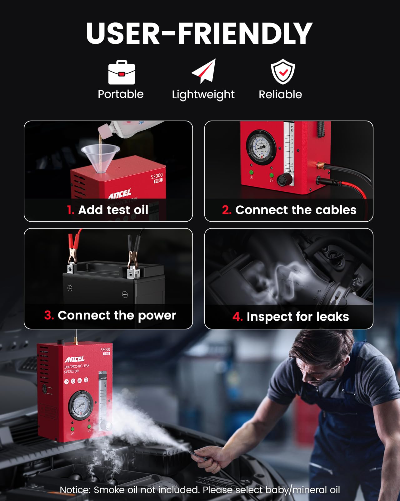ANCEL S3000 PRO Automotive Smoke Leak Detector with Air Pump & Gauge
