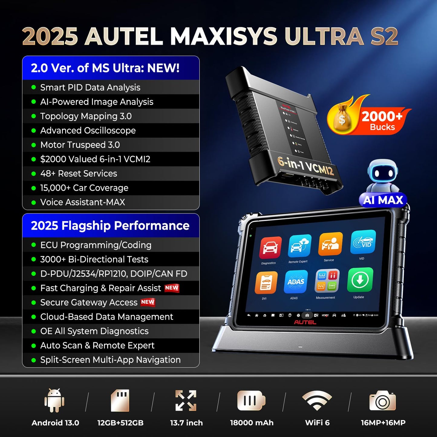 Autel MaxiSys Ultra S2 2025 AI Diagnostic Scanner with VCMI2