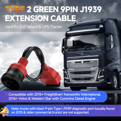 Autel J1939 to OBD2 16-Pin Adapter | 2025 Green 9-Pin Type 2 Cable