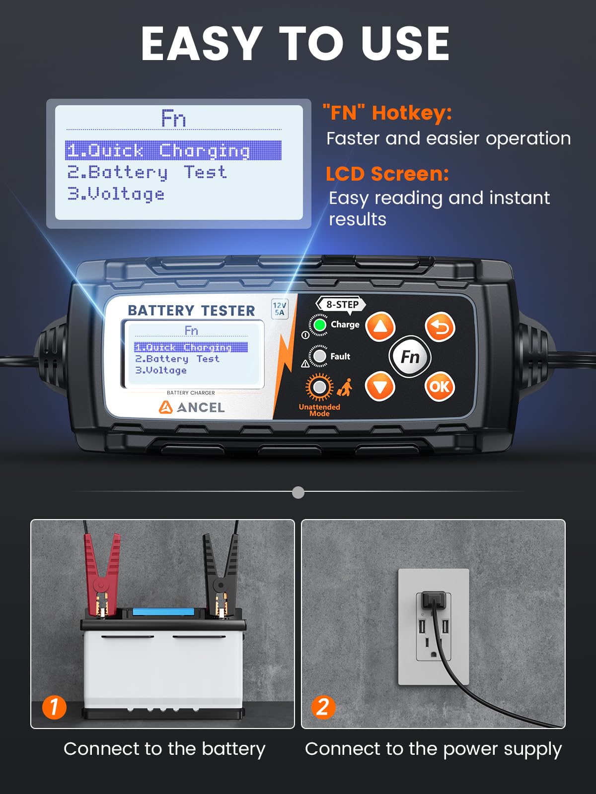 ANCEL BT521 3-in-1 12V Battery Charger, Tester & Maintainer