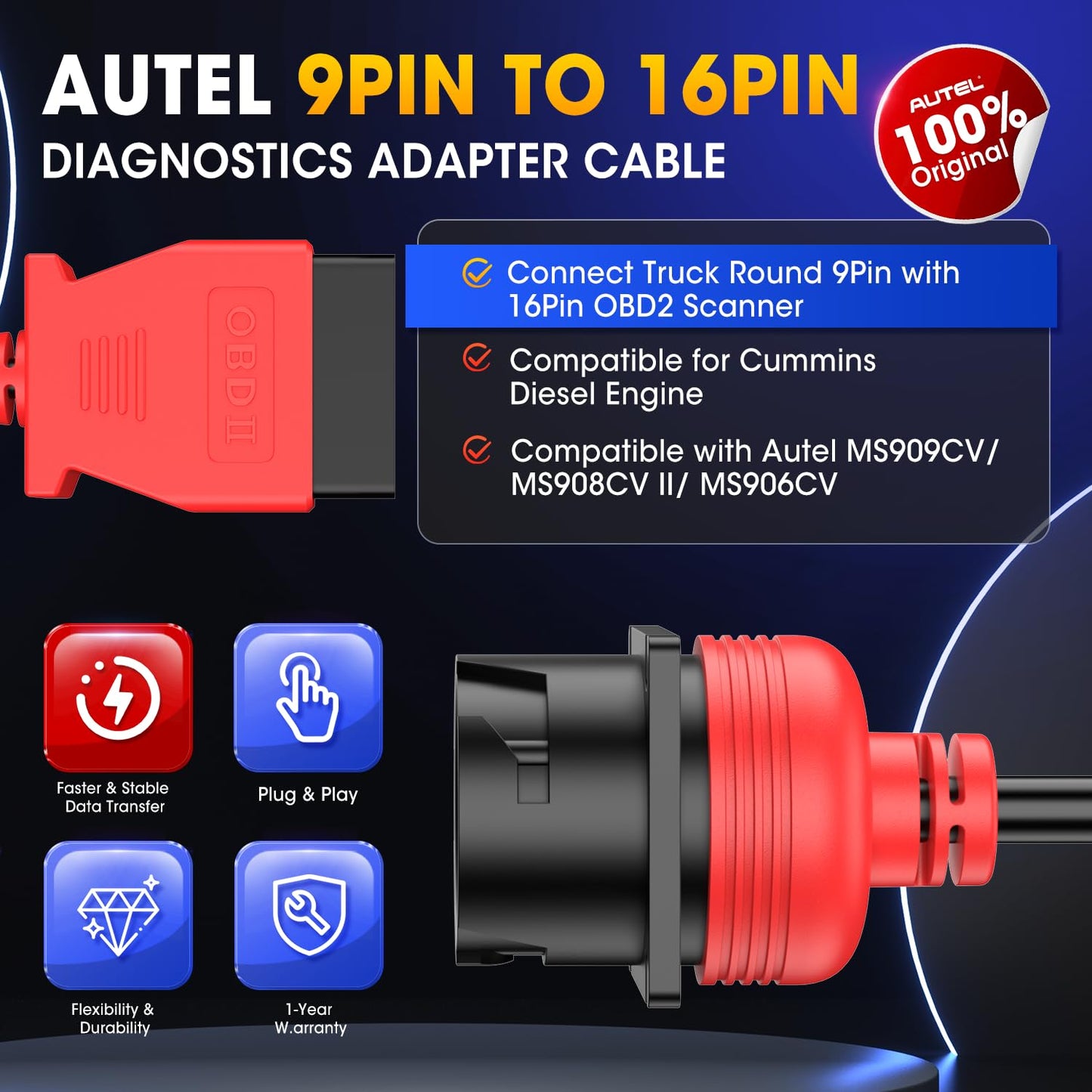 Autel 9Pin J1939 to OBD2 16Pin Adapter Cable for Heavy Duty Trucks