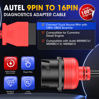 Autel 9Pin J1939 to OBD2 16Pin Adapter Cable for Heavy Duty Trucks