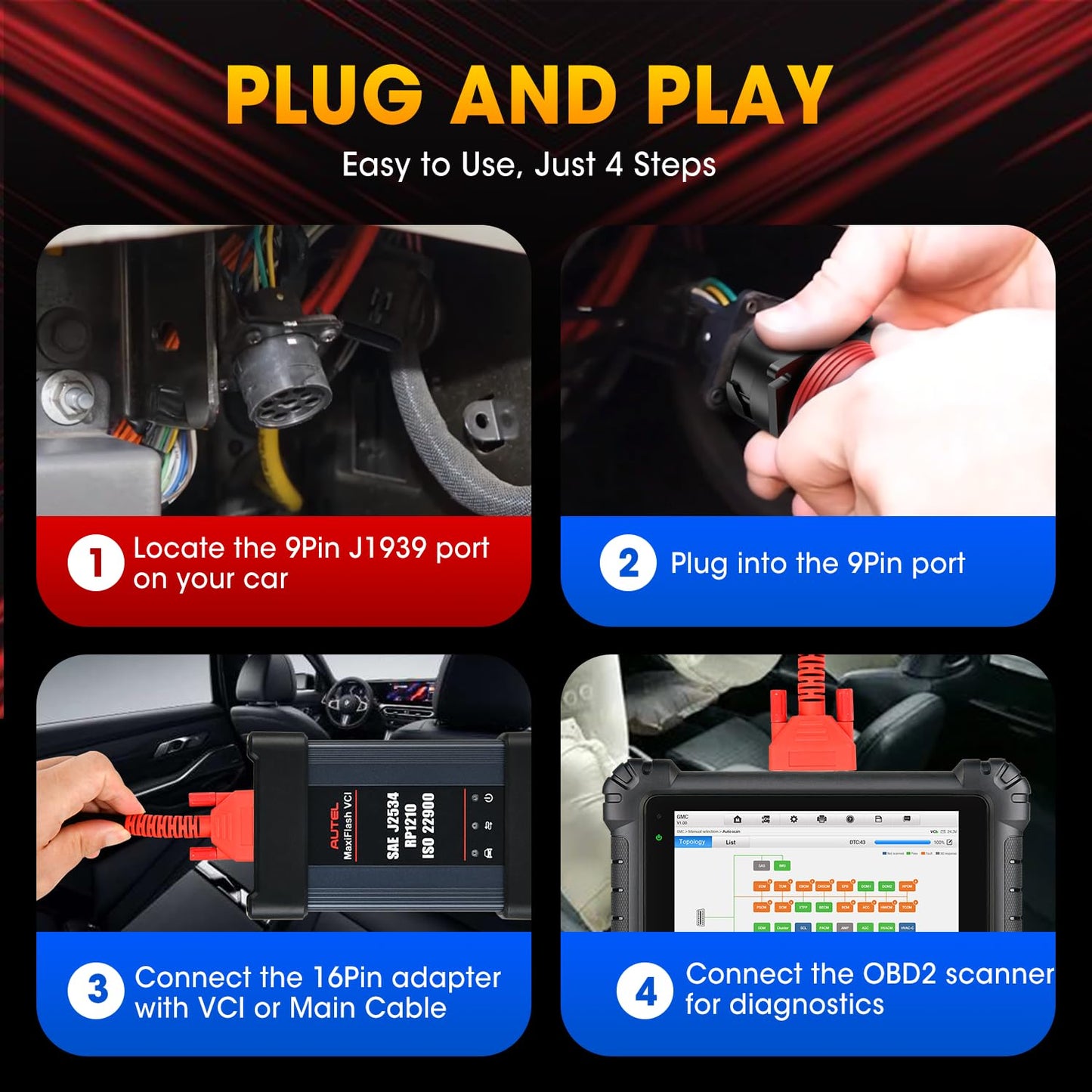 Autel 9Pin J1939 to OBD2 16Pin Adapter Cable for Heavy Duty Trucks