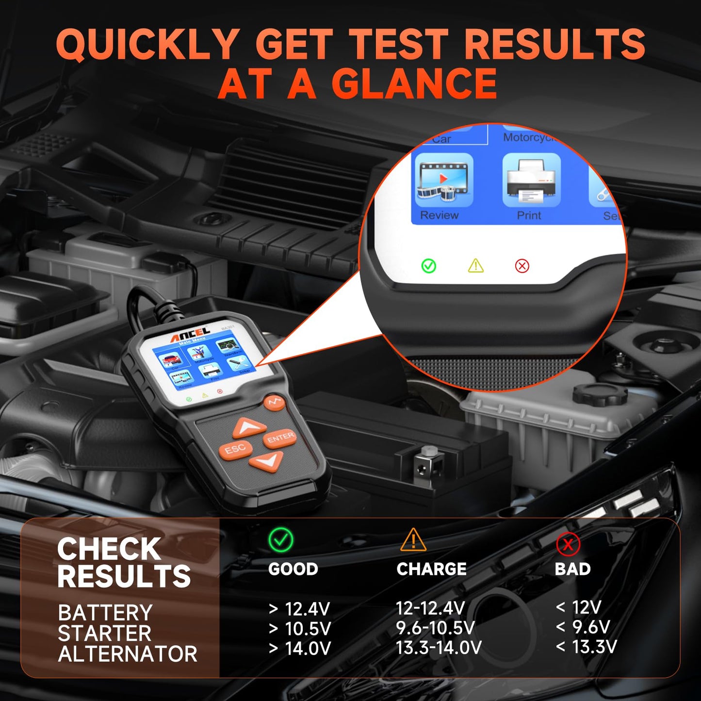 ANCEL BA301 6V & 12V Car Battery Tester with Cranking & Charging System Test