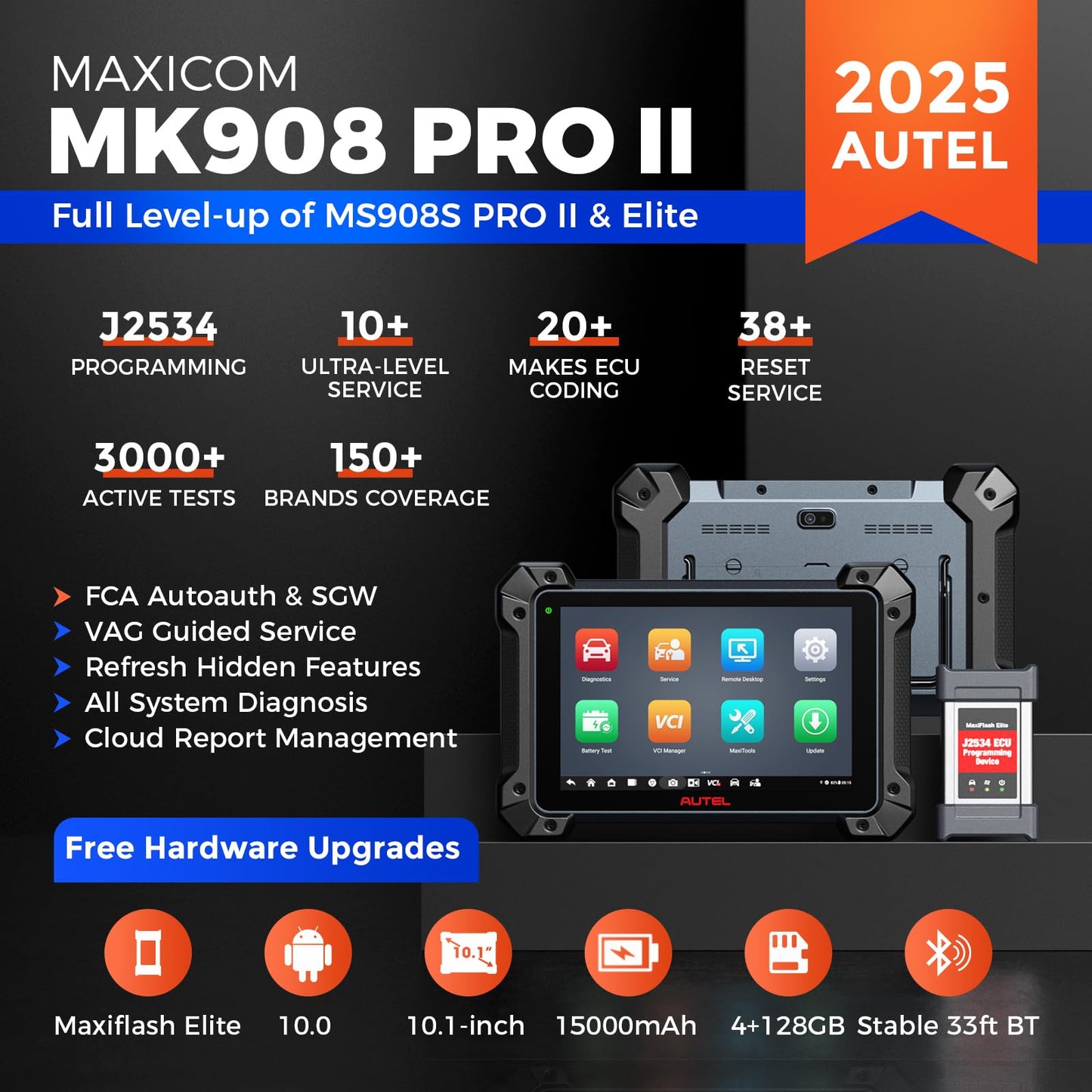 Autel MK908 Pro II (2025) J2534 Programming Tool – ECU Coding, Bidirectional, 40+ Services, OS 10, AutoScan 2.0, Upgrade of MS908S Pro Elite