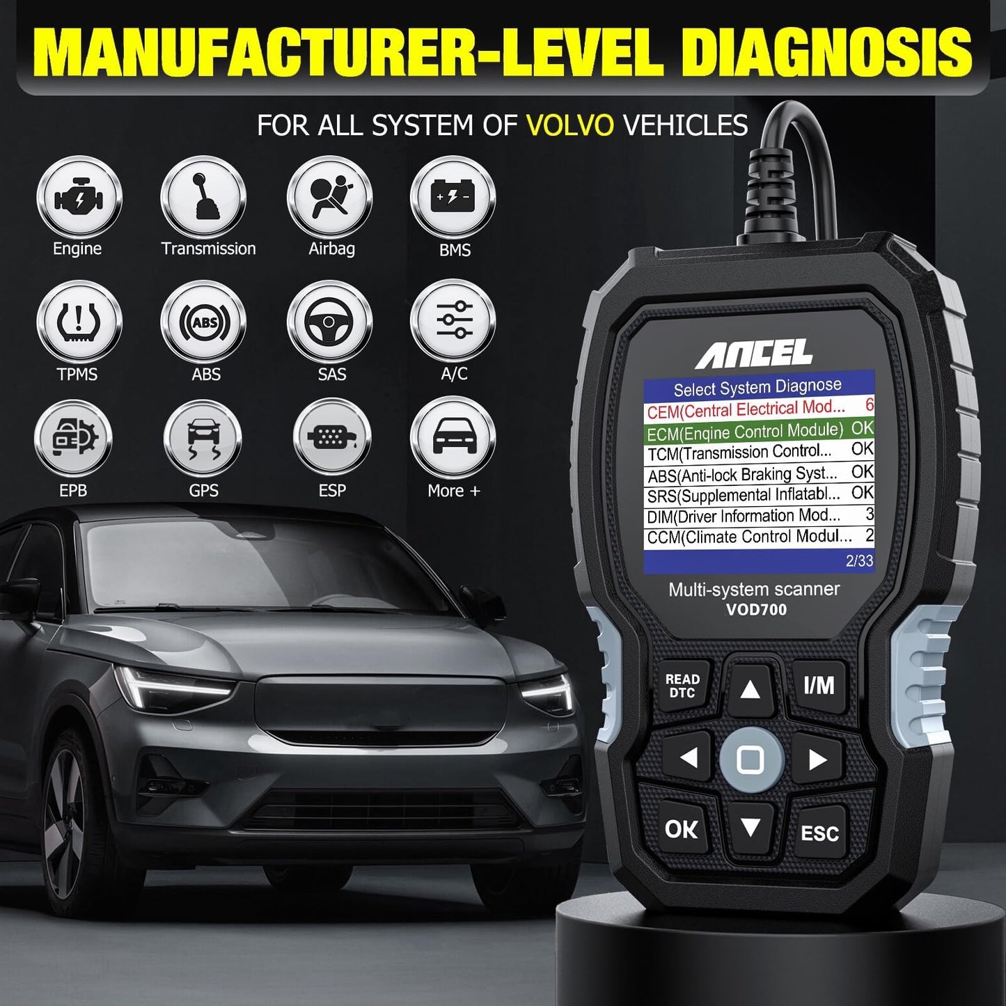 ANCEL VOD700 Volvo OBD2 Scanner Full System Diagnostic Tool