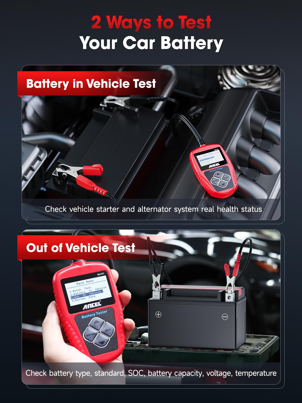 ANCEL BA101 12V Car Battery Tester & Alternator Analyzer – 100-2000 CCA
