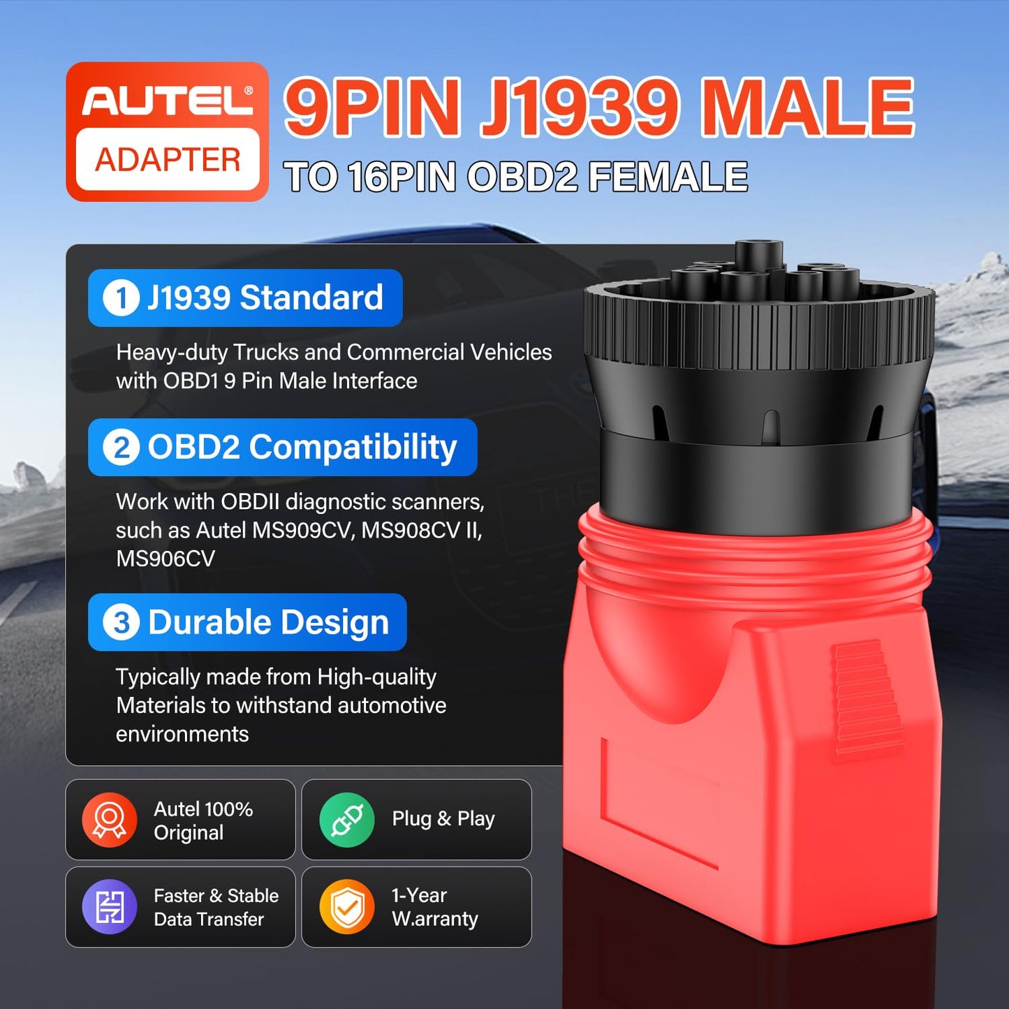 Autel 9Pin J1939 to 16Pin OBD2 Adapter for Heavy Duty Trucks