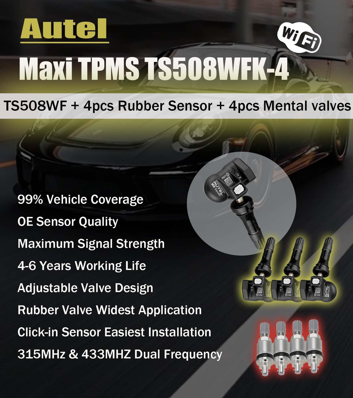 Autel MaxiTPMS TS508WF Kit with 4 MX Sensors & Metal Valves