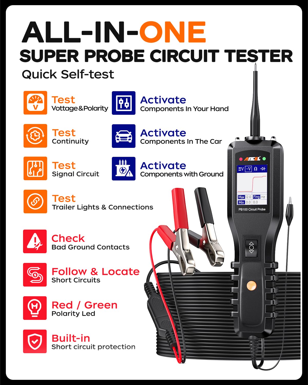 Ancel PB100 Automotive Power Circuit Tester - 12/24V Electrical Diagnostic Tool