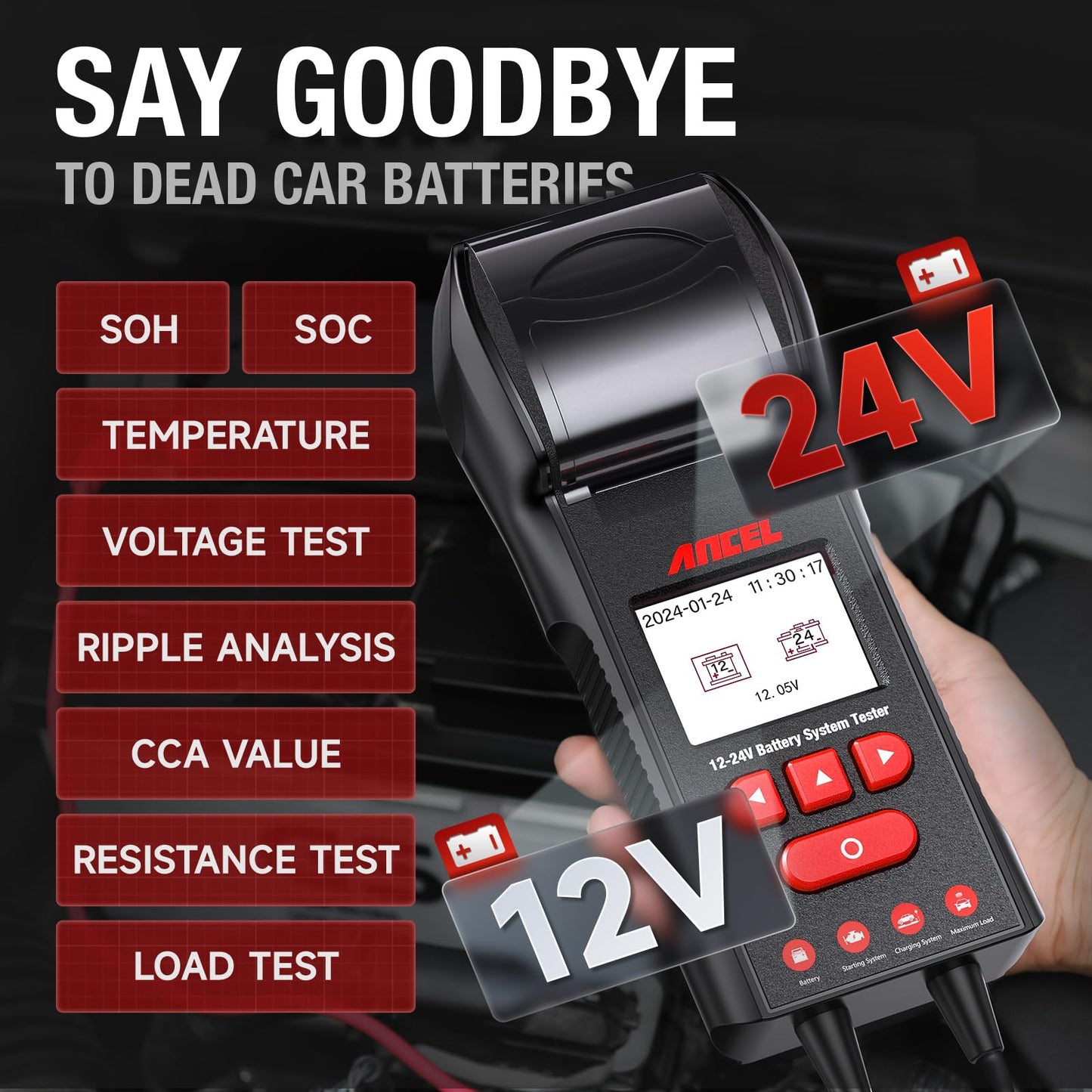 ANCEL BST600 Battery Tester with Printer - 12V/24V for Cars & Trucks
