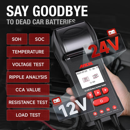 ANCEL BST600 Battery Tester with Printer - 12V/24V for Cars & Trucks